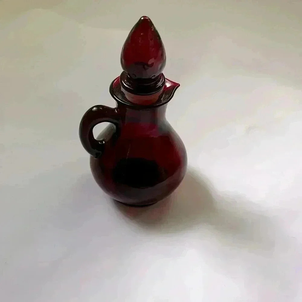 Vintage Avon Ruby Red Glass Vinegar & Oil Cruets‎ w/Strawberry Shape Stoppers